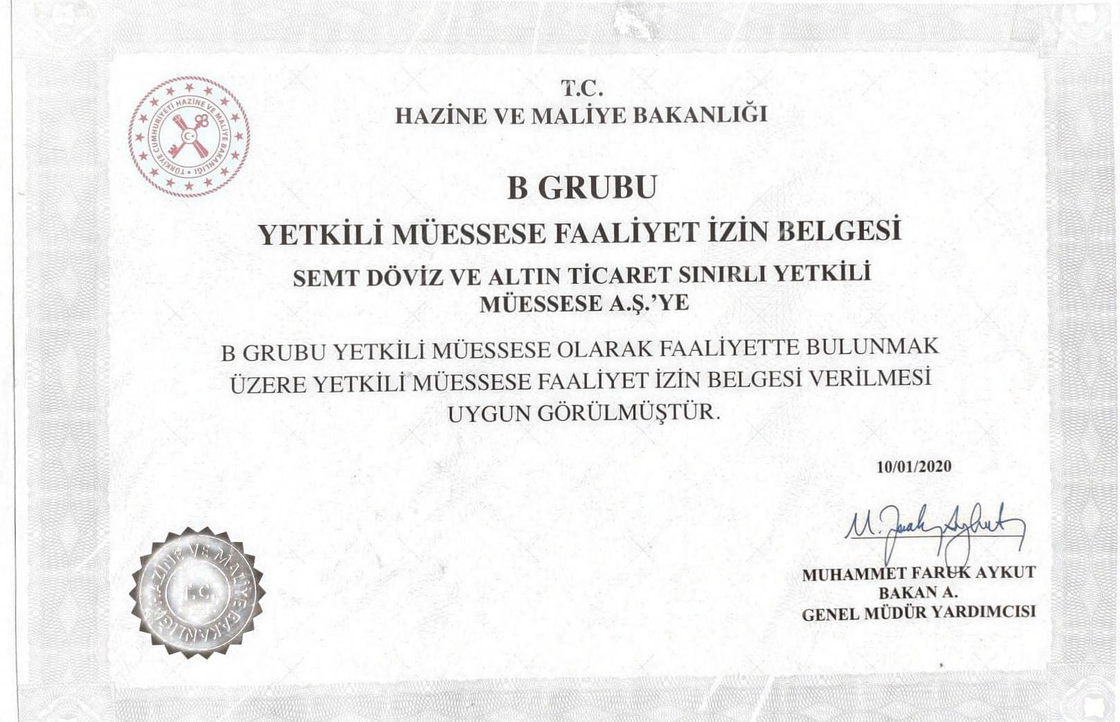 Semt Döviz B Grubu Yetkili Müessese Faaliyet İzin Belgesi